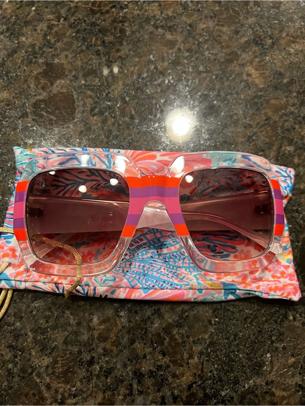 Lilly Pulitzer Pink and Orange Striped Square Sunglasses with Gradient Lenses